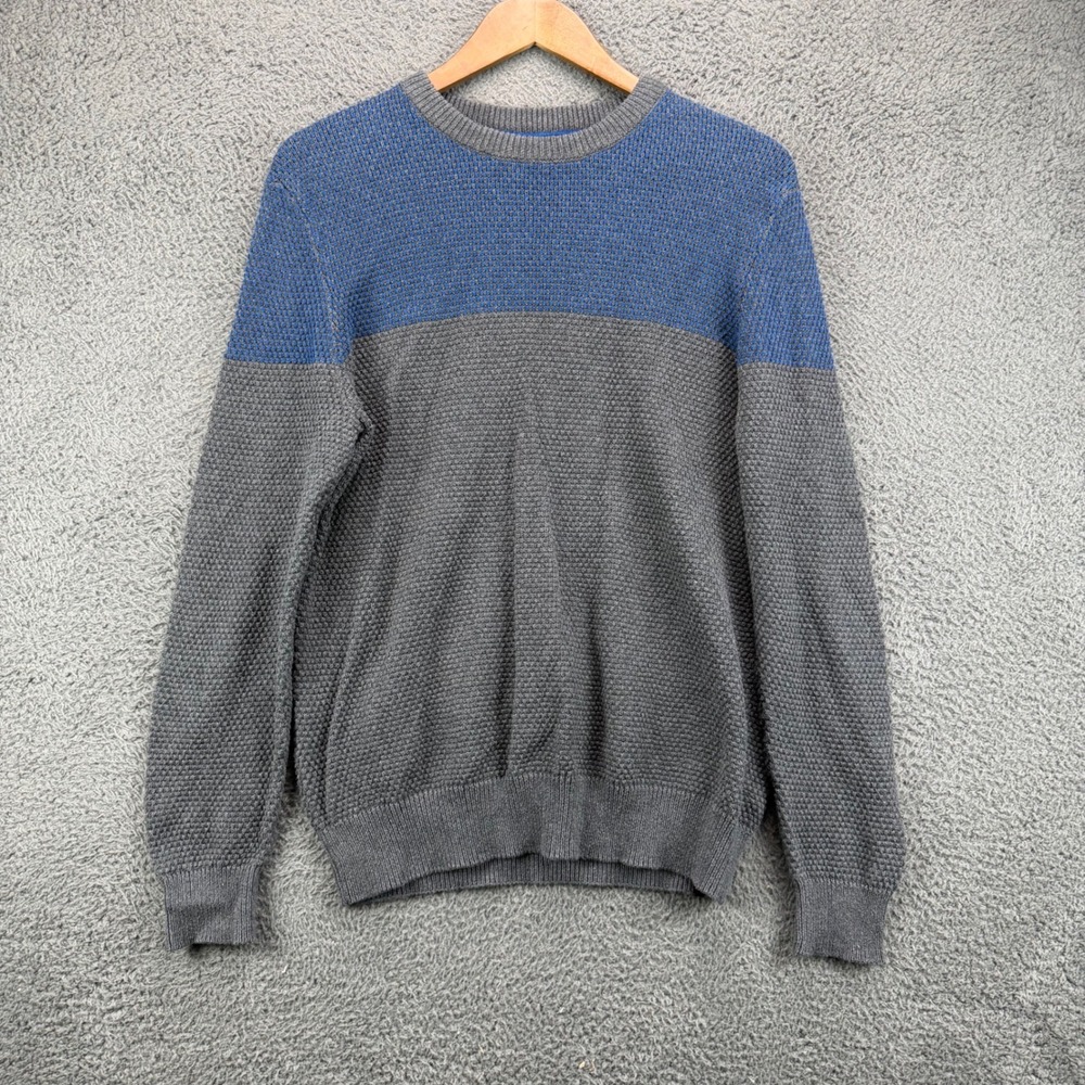 Porter +‎ Ash Mens Medium Cotton Colorblock Textured Knit Sweater Blue Grey